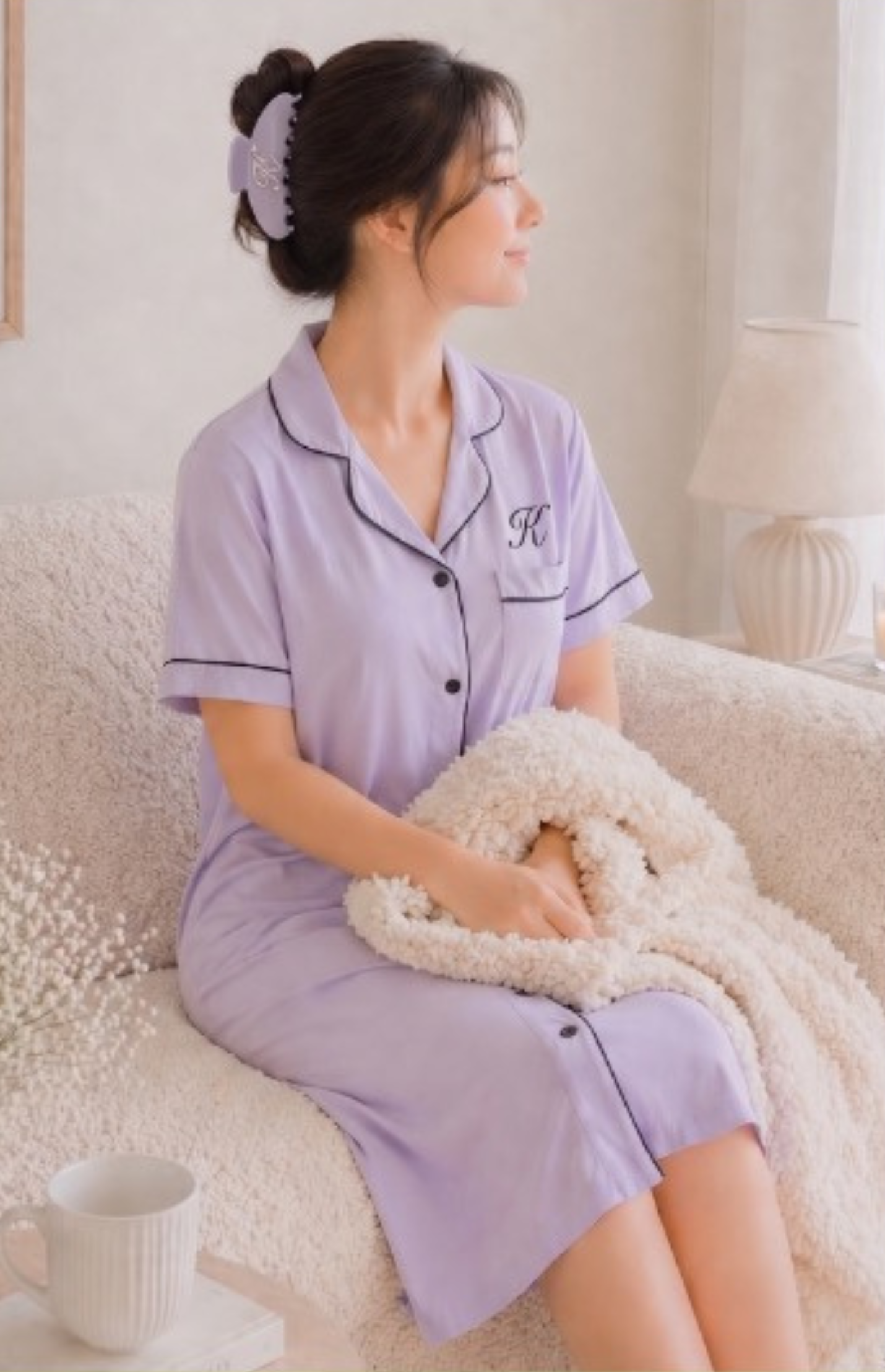 Preorder: Bamboo Pajama Pants Dress in Lilac Dream  + Personalized Claw Clip