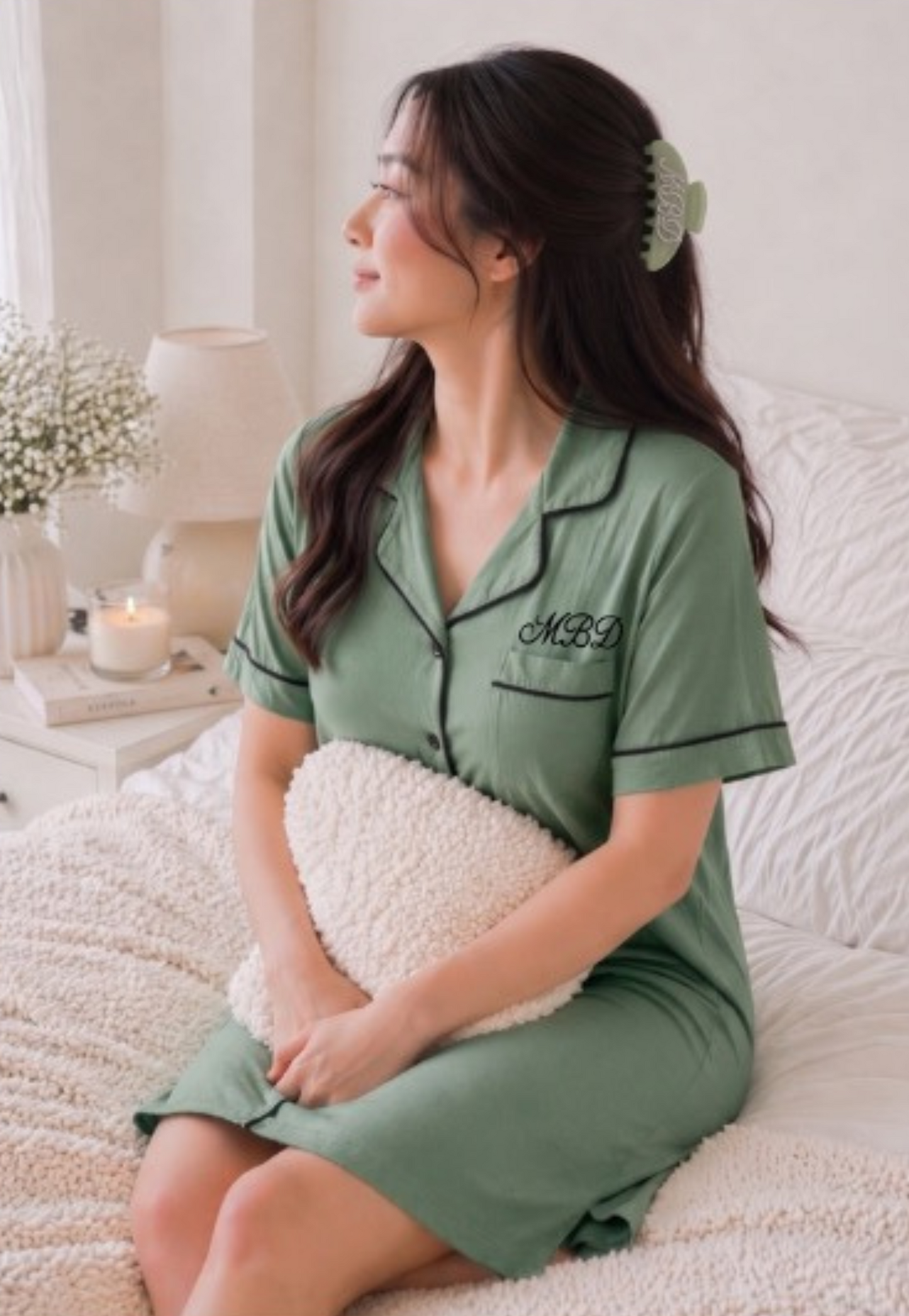 Preorder: Bamboo Pajama Pants Dress in Sage Kiss + Personalized Claw Clip