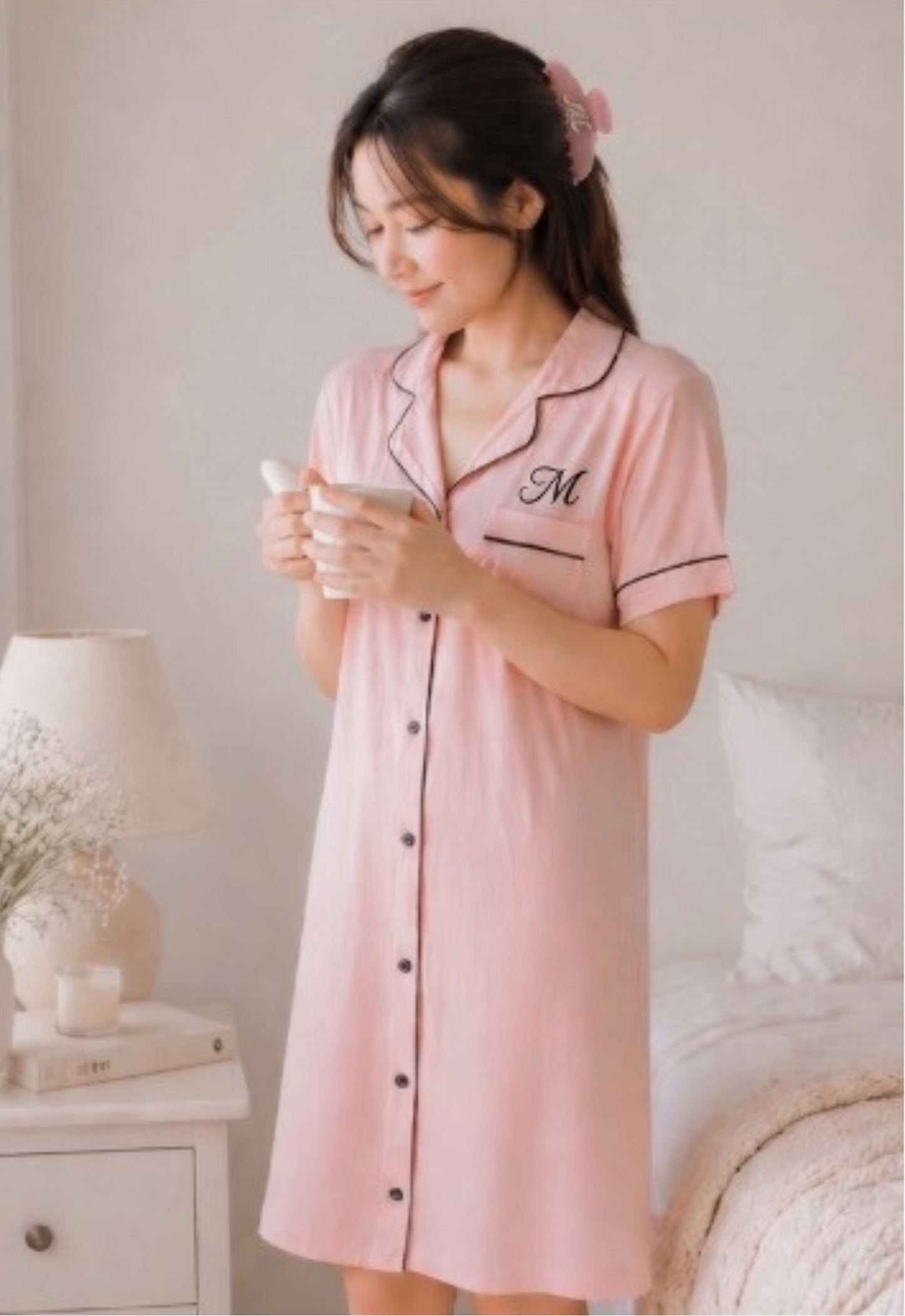 Preorder: Bamboo Pajama Pants Dress in Peach Embrace  + Personalized Claw Clip