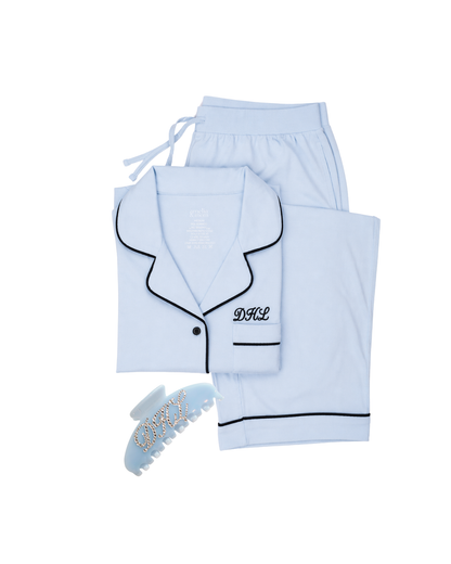 Preorder: Bamboo Pajama Pants Set in Cuddle Blue + Personalized Claw Clip