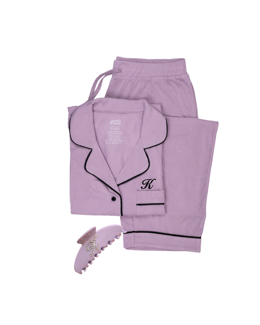 Preorder: Bamboo Pajama Pants Set in Dreamy Mauve + Personalized Claw Clip