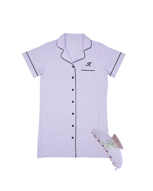 Preorder: Bamboo Pajama Pants Dress in Lilac Dream  + Personalized Claw Clip